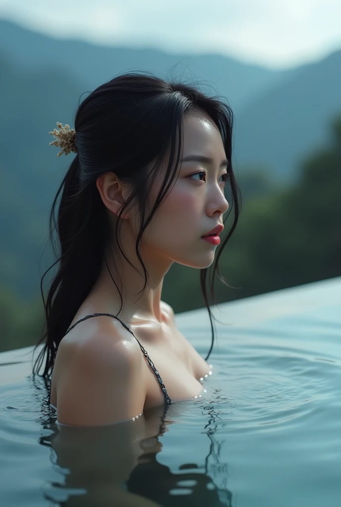 ((Hot springs overlooking the volcano:1.3)), (Tabletop:1.3), (8k, Realistic, RAW Photos, Highest quality: 1.4), Japanese, (1人の40 years oldの女性), Beautiful Face, (Realistic face), (Black Hair), Beautiful hairstyle, Realistic eyes, Beautiful attention to detail, (Realistic skin), Beautiful Skin, charm, 超High resolution, 超Realisticな, Very detailedな, Golden Ratio,. (3. gill:1.5), (Sony Alpha 1, 50.1 megapixel full-frame CMOS sensor, 8kビデオ録画機能), (Telescope Lens), (Realistic),(8k, 超High resolution, Highest quality, Tabletop:1.2),Very detailedな,Beautifully detailed face, Complete Anatomy,(Beautiful attention to detail:1.3),40 years old, Tabletop, Highest quality,Kiss Face,,Embarrassed expression, Small breasts,Flat Chest，Very delicate and beautiful,4⃣、Very detailed, Hmph, Unity, 8k wallpaper, wonderful, In detail, Very detailedな, High resolution, Very detailedな, Very detailedな目と顔,Wet, Flat Chest, (Hakone Hot Springs ,Kusatsu Onsen,Noboribetsu Onsen,Dogo Onsen,Beppu Onsen Village),night,