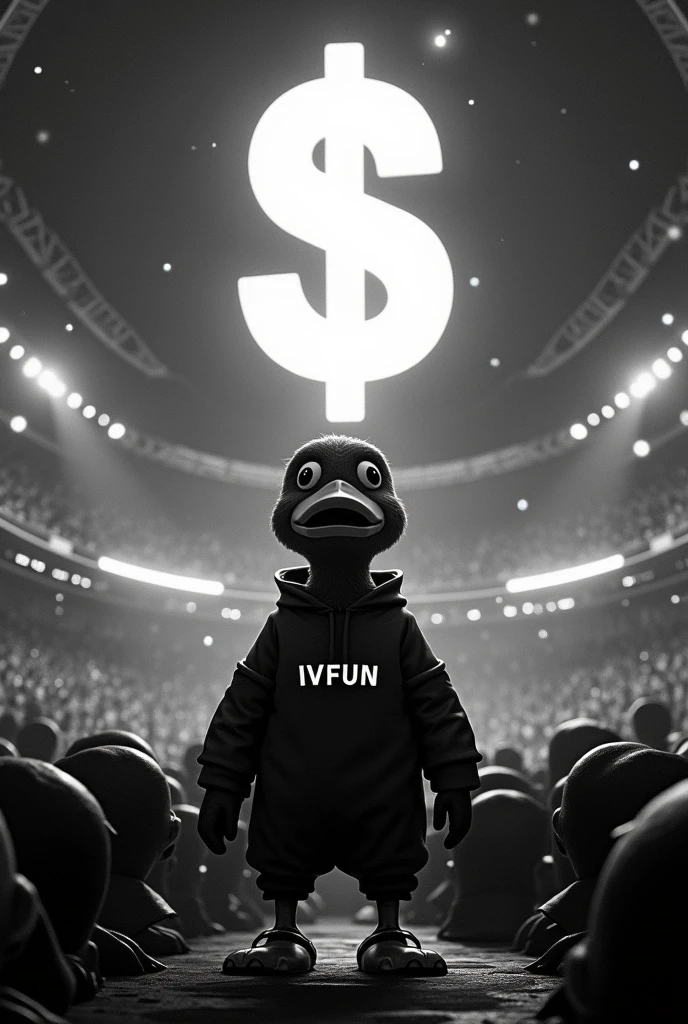 
"Imagine a teenage ninja duck in a 'Sin City'-style space setting. The duck, dressed in a sleek, dark ninja outfit with a bright IVFun logo t-shirt, stands at the center of the largest stadium in the galaxy. The stadium is depicted in dramatic, high-contrast black and white, with the crowd of 1,000 fans—who are also ducks—wearing IVFun caps. The fans are shown as silhouettes or with minimal detail to match the noir aesthetic, their caps and general forms highlighted against the dark stadium environment.

The backdrop features a cosmic sky with deep blacks and vivid whites, with stars, nebulae, and shadowy planets adding depth. The duck's face displays a mix of shock and exhilaration, with wide eyes and an open beak as it gazes at a colossal, glowing dollar sign floating above the stadium. This scene combines the gritty, stylized look of 'Sin City' with the excitement of a massive, enthusiastic duck crowd and a spectacular financial success." 8K