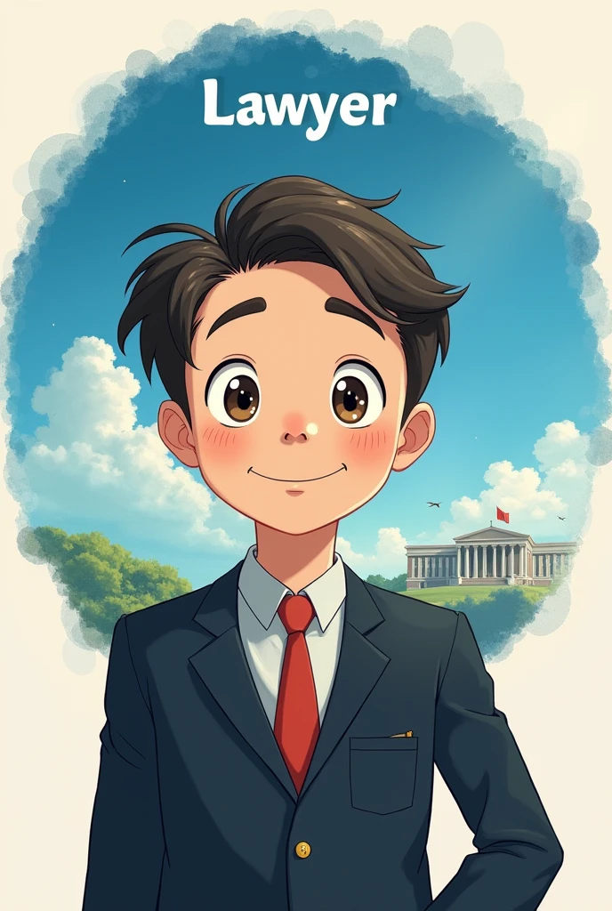 Hello, I want a picture of a tender lawyer man, young, Happy and smiling,with big eyes and short hair, Studio Ghibli themed. In the background there is a blue circular watercolor with clouds, the court of justice of the background and a text above that says Lawyer. More lively and in a lawyer&#39;s suit.