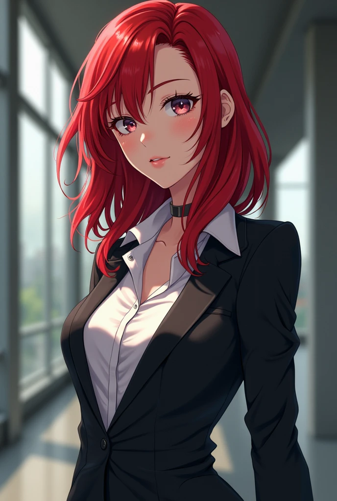 Anime girl 3,she's pretty girl, she's works in gouvernment,she have mid-length bright red hair,she's libertine ,She asserts herself very well and can be enigmatic,she have ,she has a slim his humor is often sarcastic,give me the image of an assertive girl,she's ENTJ-A