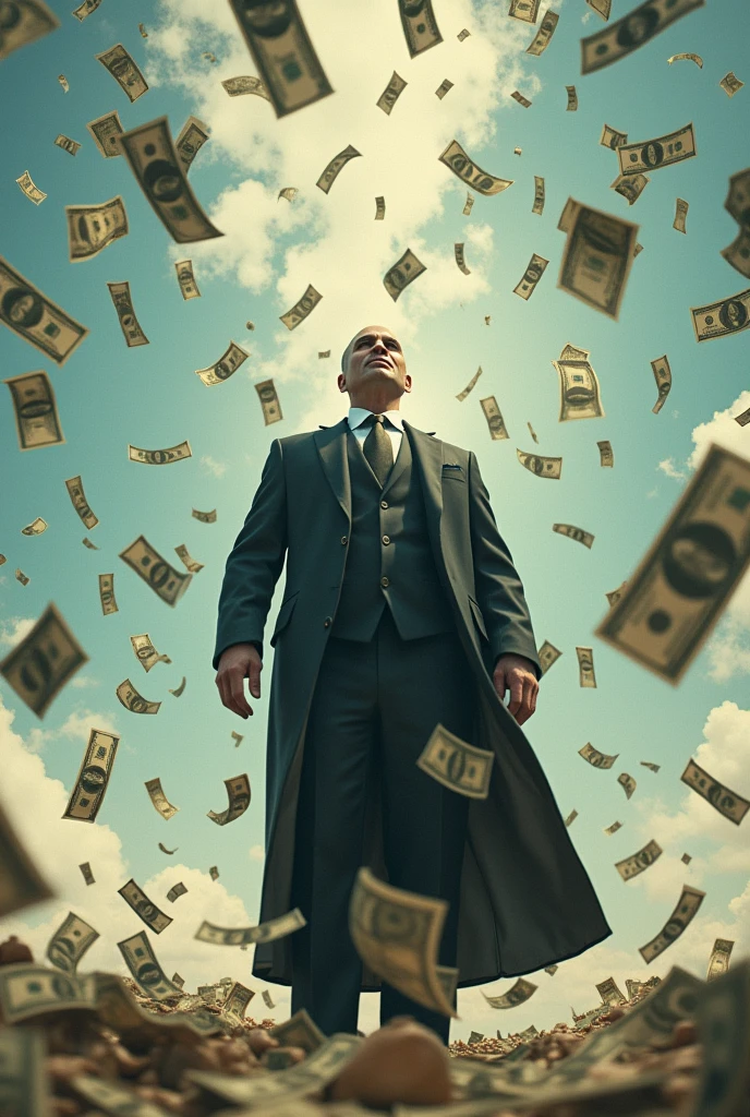 lots of dollars falling from the sky rich person