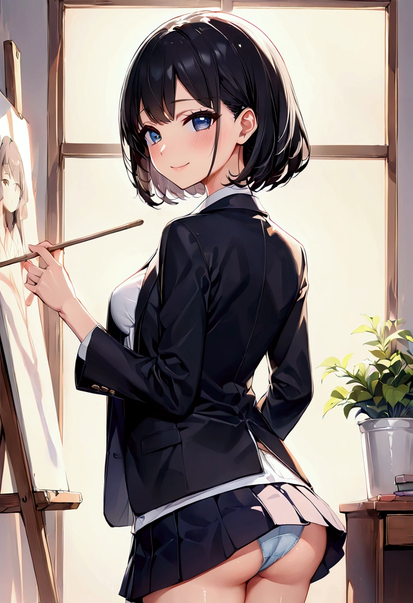 高いquality illustration, masterpiece, Very delicate and beautiful, Slender body, Anime Style, Beautiful Eyes, masterpiece, Highest quality, High resolution, Very detailed, Perfect lighting、Painting from the back、very young、1 female、smile、Black Hair、teacher、Short skirt、Open shirt、underwear、Black jacket、Stick your butt out、Blushing
