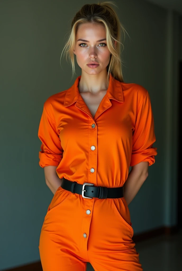 Frontal photograph of a beautiful young model with long a blonde medium length pulled back ponytail hair wearing a sexy synthetic orange prisoner jumpsuit, inmate jumpsuit, button-up, sexy view, handcuffed, hands cuffed to her back, wearing a tight black stylish belt, high black boots, short sleeves, sexy pose, very attractive look, skinny, anorexia, 1, thin and athletic body, (thin girl 1:5), short sleeves, supermodel face and body, brown eyes, long pants, hands at back, elastane synthetic orange prisoner jumpsuit, jumpsuit made of elastic spandex, jumpsuit has 4 visible silver buttons, her belt is made of stylish leather, elastic jumpsuit, jumpsuit is not tight on body, perfect woman, slim, (perfect Hands), (blonde medium straight ponytail hair:1.2), (wasp waist:1.3), big heavy black stylish designer belt of leather, visible breast contours, light blonde hair, a lot of cringles and creases on the jumpsuit, light blonde hair, full body view, tops of her boots visible, sporty ponytail, short sleeves, sexy model pose, she is highlighting her but in her pose, no pockets, looking at viewer like she wants sex, 70's prisoner jumpsuit, 80's orange prison jumpsuit, 90's prisoner jumpsuit, Soviet orange prison jumpsuit, hands handcuffed, handcuffed, handcuffs on her wrists, hands at back, hands cuffed to her back, hands handcuffed to her back, full body view, knees visible, hands tied to her back, hands handcuffed to her back, hands cuffed to her back, sexy pants, pants looking sexy on her legs, sporty style ponytail, picture starting from her knees, jumpsuit made of elastic spandex, very sexy pose, pointing out her ass, belted, long pants, button-up jumpsuit, medium length light blonde loose sleek sporty ponytail, make-upless face