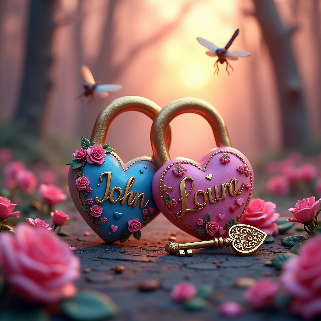 A mesmerizing 3D render of a magical garden scene, where two intertwined padlocks symbolize the union of lovebetween sunset and sunrise. The padlocks, intricately designed, bear "John" a romantic blue heart shape and "Loura" a playful pink heart shape. The locks are adorned with roses and emit a soft glow, creating a mystical atmosphere. Pink and blue dragonflies dance around the padlocks, adding to the whimsical charm. A golden key with intricate hearts motifs sits beside the padlocks, ready to unlock the secrets of love. This enchanting artwork masterfully combines typography, illustration, and 3D rendering, evoking a love story or fairy tale, and highlights the artist's exceptional talent in blending various creative elements., typography, 3d render, photo, illustrationLess