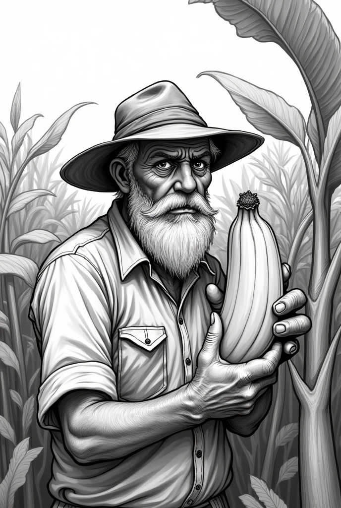 Create a black and white drawing of a worried and sad farmer man , said man put a beard and a hat on him, Place it against a backdrop of a banana plantation and with one in hand checking it for a pest