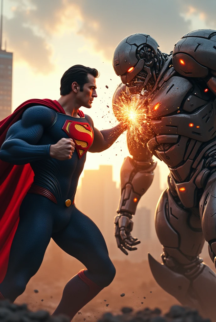Superman punching a robot and destroying it
