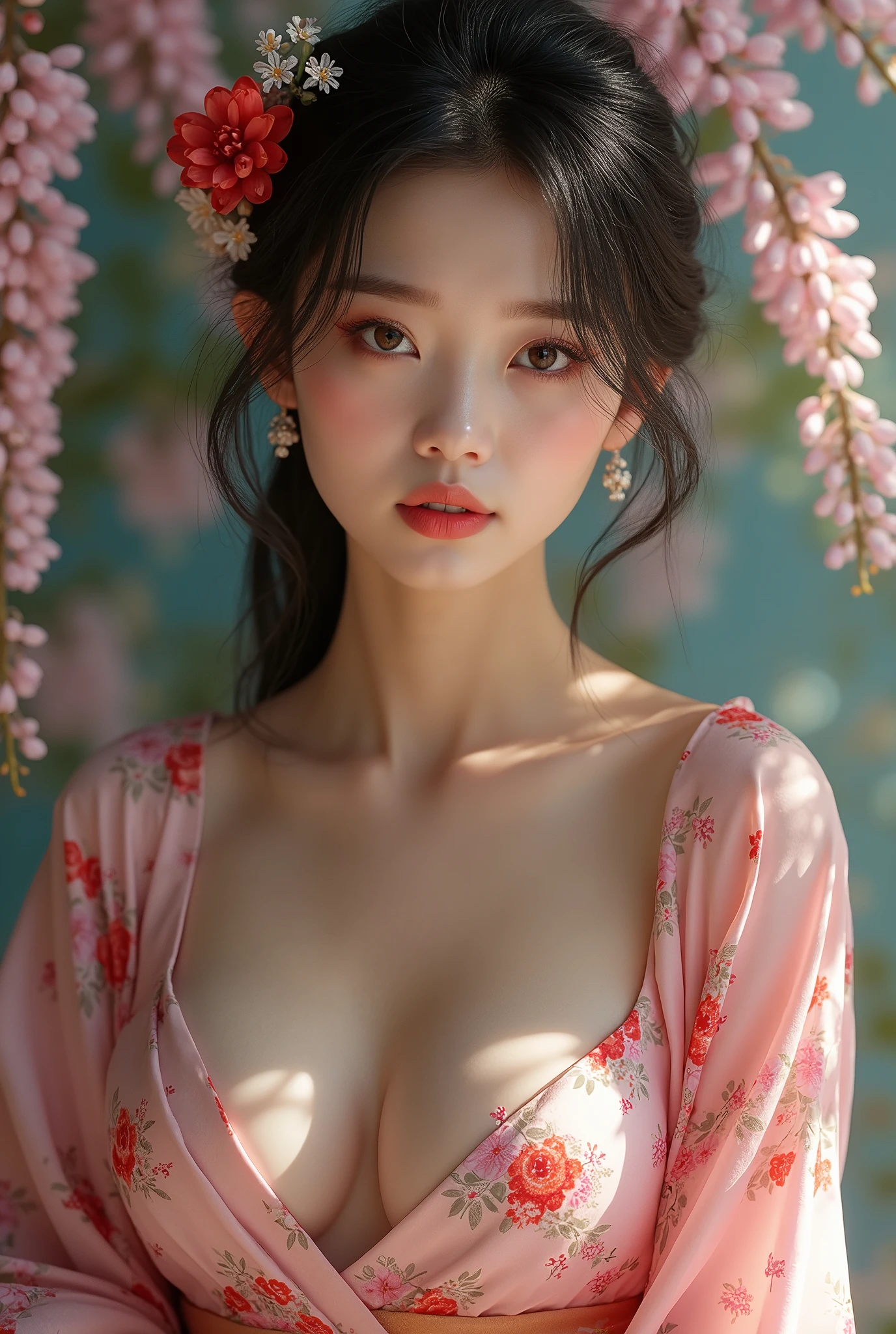 (masterpiece,Highest quality:1.4),(8k,RAW Photos,Photorealistic:1.4),Ultra-high resolution, ,(Glowing Skin:1.4),Detailed肌,Detailed顔,Detailed目,(Beautiful and shining eyes:1.2),Symmetrical eyes,Detailed耳,One person,Natural Makeup,(((Idol))),,Detailed背景,Vivid background,Beautiful and shiny hair,,((Average age breasts)),,(Detailed Sexy Kimono,Realistic beautiful teeny Neon,mysterious,whole body),,((Sharp Face)),Natural light,,(Very detailed ,,online shopping,LUMINE® Market,),Cleavage,Wisteria flower background,Professional,(Detailed,Location was great.),