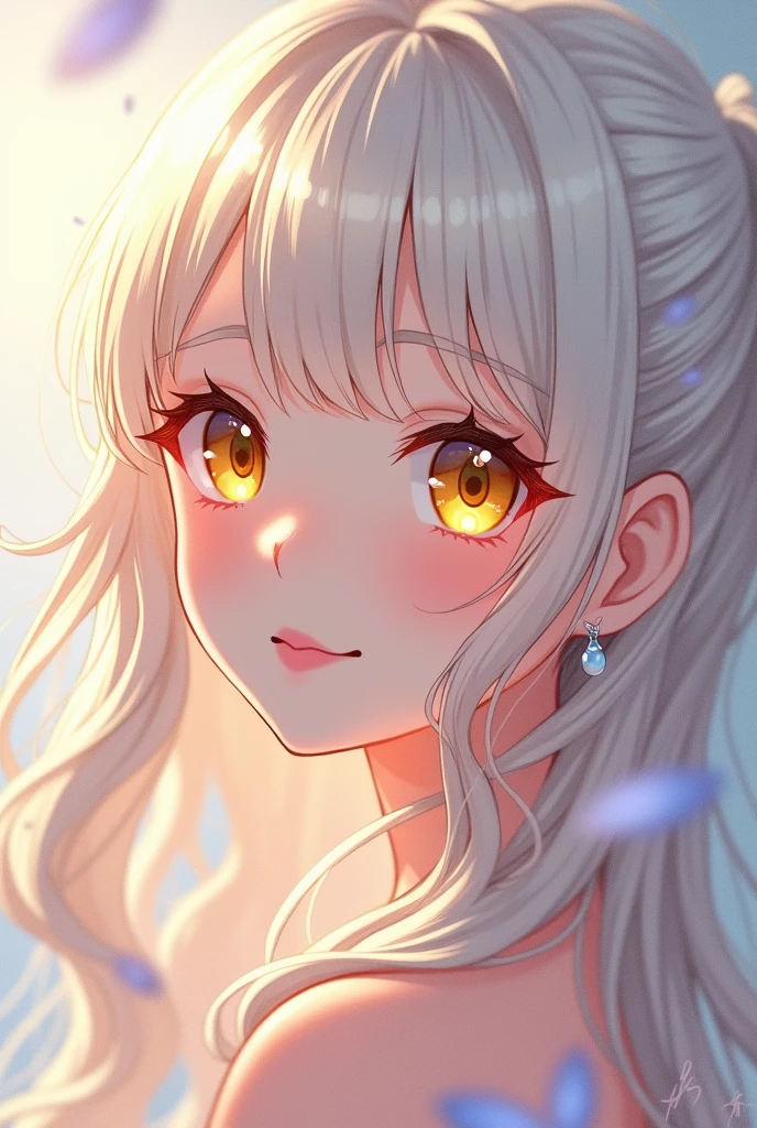 An anime girl with white long curly hair and yellow eyes, about . Her hair is really long and she is smile