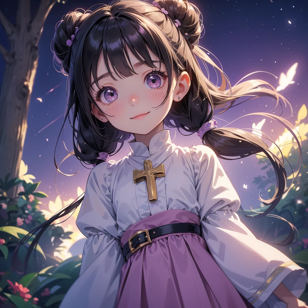 A chibi child girl had a small face and wearing a little tourist priest’s outfit, a pair of big round eyes shone with curiosity about him. This child was so cute, her hair is black with buns on her hair. Small chibi , chibi baby, smiling , chibi.
Background is a dark moonless night, with dry trees in the background, and purple glowing light