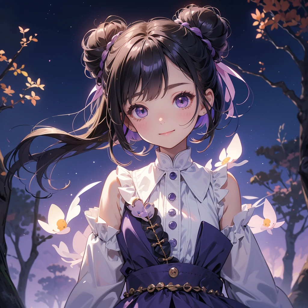 A chibi child girl had a small face and wearing a little tourist priest’s outfit, a pair of big round eyes shone with curiosity about him. This child was so cute, her hair is black with buns on her hair. Small chibi , chibi baby, smiling , chibi.
Background is a dark moonless night, with dry trees in the background, and purple glowing light