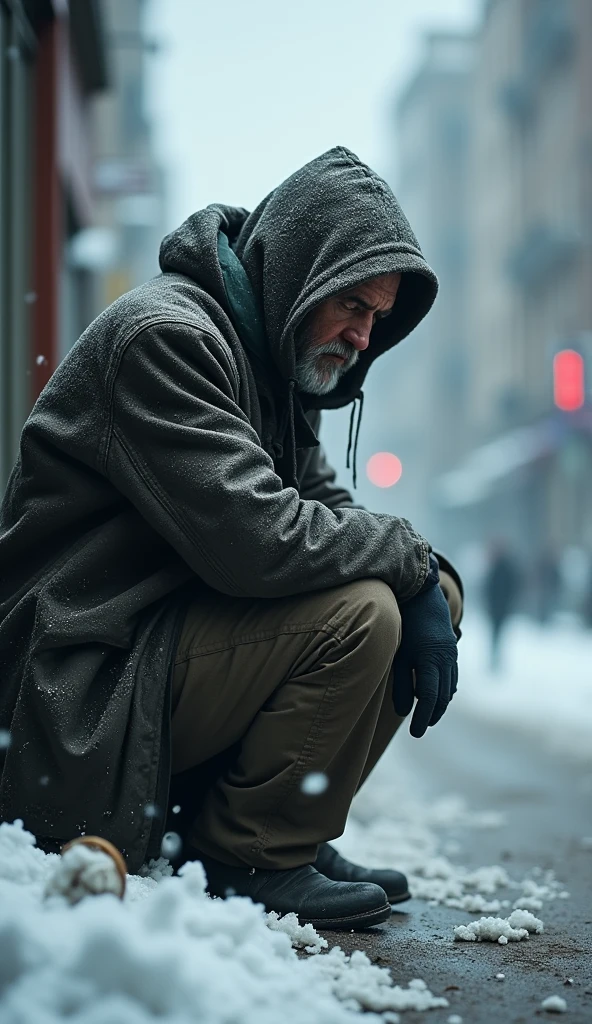 A cold afternoon, He saw a homeless man shivering from the cold on the street.