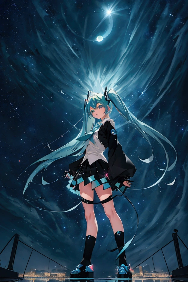 (Hatsune Miku,Light blue hair,Twin tails,No sleeve,tie,mini skirt,socks,Black hoodie),((Blue is the predominant color,Angle from below,Stars shining in the night sky,Crescent Moon)),(Shining futuristic city at night,Night view,Cyber World),(Dynamic pose,Cool pose,Standing on a glass stage,Cool look,singing,Holding a microphone)