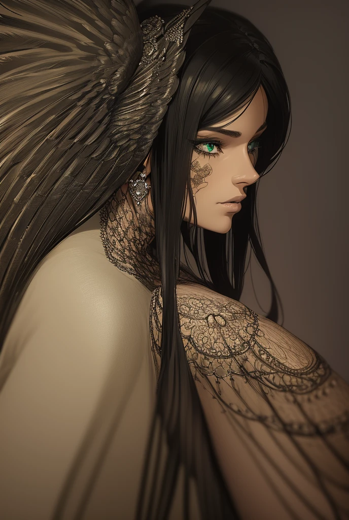 a woman with brown skin, green eyes, curly black hair, black wings, lying on a bed, detailed face, beautiful detailed eyes, beautiful detailed lips, extremely detailed features, long eyelashes, intricate detailed wings, dramatic lighting, moody atmosphere, cinematic lighting, dark shadows, chiaroscuro, digital painting, concept art, highly detailed, 8k, photorealistic