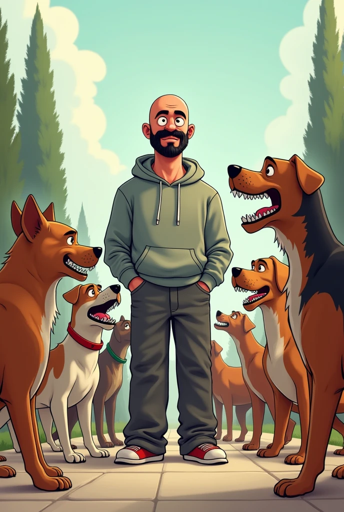 Victor Eugenio Mardones Castro 3 bald with a mustache and black beard in a sweatshirt and wide pants with dogs barking at him and he is not afraid Chile cartoon