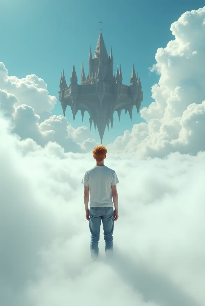 The endless plain covered of cloud. A cinematic medium shot of a man with reddish-blonde hair wearing a t-shirt and jeans. His haircut is in the style of the 80th. He is between the fluffy white clouds, knee-deep in clouds, and looking at a beautiful, magnificent flying fantasy castle with intricate details. The castle is floating in the air above the clouds. Around the castle flying the several gothic-looking towers. The background is a clear blue sky. The castle has a heptagonal symmetrical shape, the corner towers are connected to the central part by galleries and passages. The castle is both a defensive structure and a masterpiece of architecture. It has a futuristic look, but at the same time fantasy fairy tale outlines.
