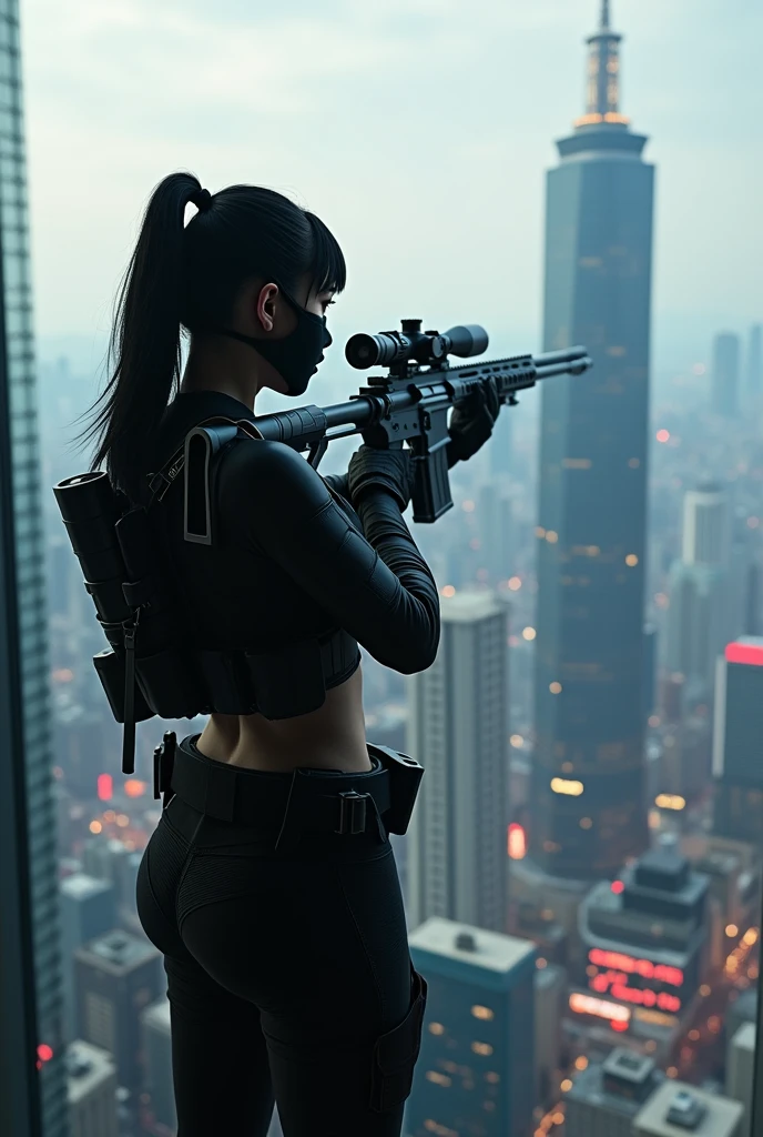 Masked South Korean female sniper standing on the roof of a high-rise building
