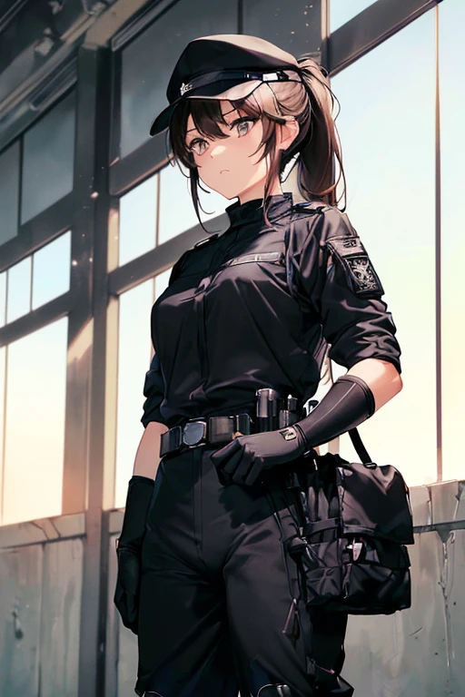 (((masterpiece; Highest quality: 1.2))), (Detailed drawn eyes: 1.3), (2. Women), (alone), (Iris: 1.4), (body; Toned Up, fit, soldier: 1.3), (Silky brown hair + ponytail: 1.3), (Beautiful and vivid background: 1.2), ((Depth of written boundary)), (Device: Special Forces Full Black Tactical Combat Ready Gear + Kevlar Waist + black tactical shirt + Black Tactical Pants + Black gloves + Black baseball cap + Pouch: 1.3), (Anime illustration: 1.2), (Background Composition; military base office: 1.1), (Very nice and beautiful: 1.1), (Shot Composition; Are standing + 胴bodyを中心に + close: 1.5), (Performance; Calm, stoic: 1.2)、(Confused eyes)、(Slanted Eyes),(3White eyes)
