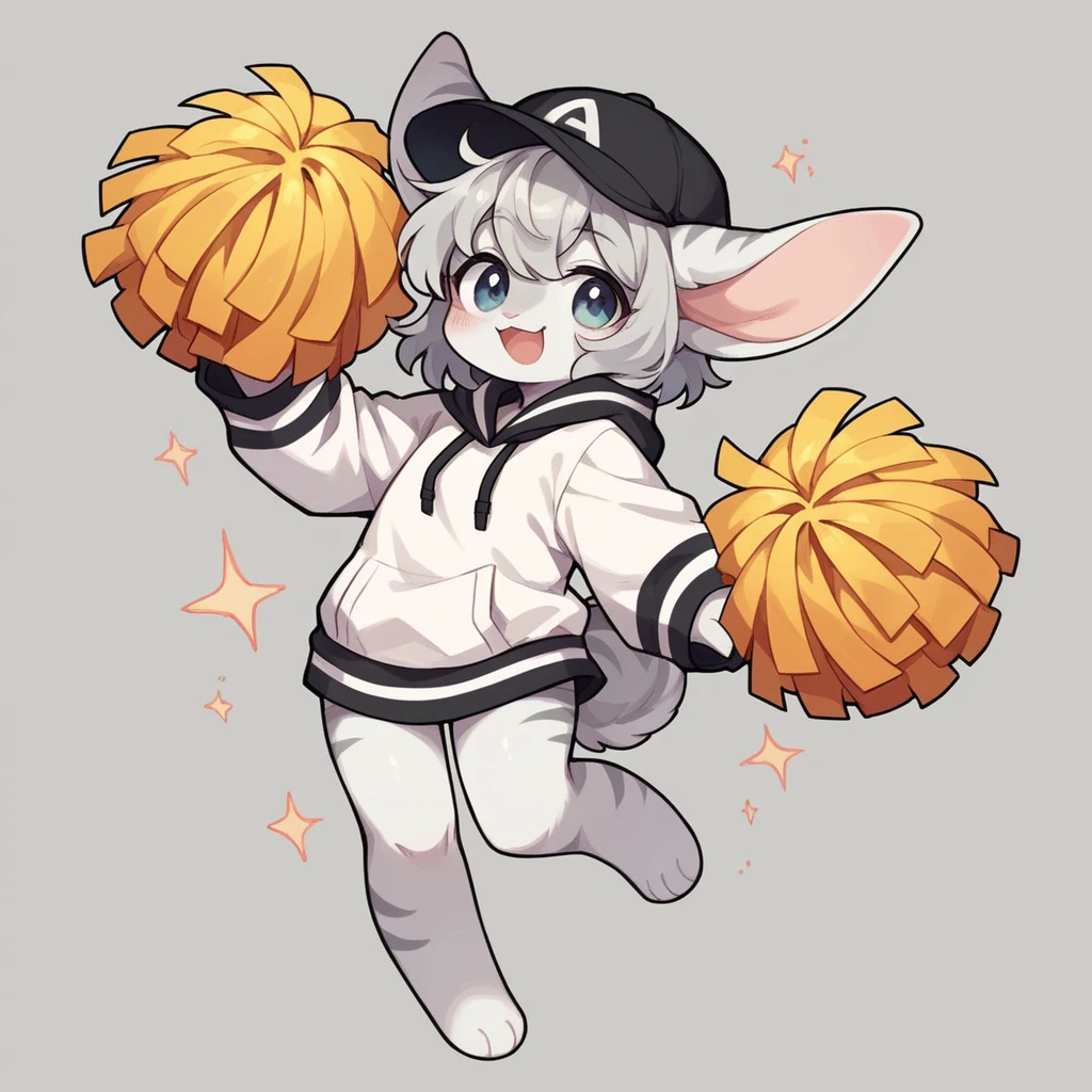 Anthropomorphic character, with white fur, large ears, slightly gray nose, short wavy white hair, hat with a visible brim and a circular ornament on top, white sweatshirt with drawstrings that end in two cute pompoms, black horizontal stripes on the sleeves of the sweatshirt