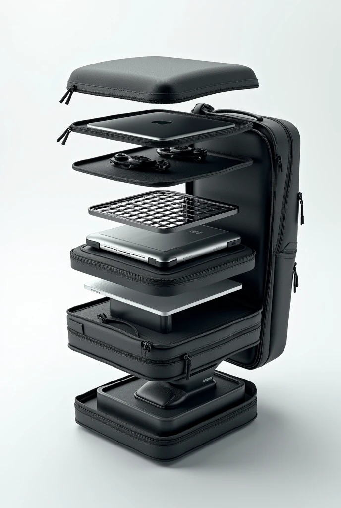 Create an exploded view of a sports backpack, showing its 180-degree opening and internal compartments. Highlight the waterproof material, boot compartment, laptop sleeve, and accessory pockets. The design should be sleek and modern, with emphasis on functionality and organization. Laptops sleeve must be vertically