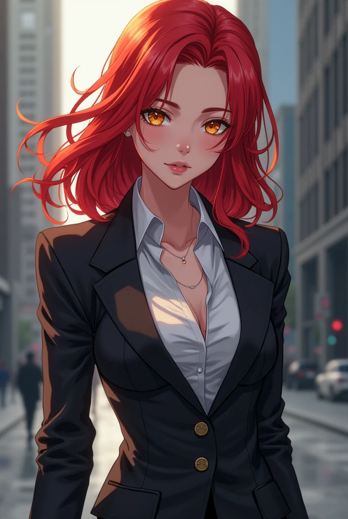 Anime girl 3,she's pretty girl, she's works in gouvernment,she have mid-length bright red hair,she's libertine ,She asserts herself very well and can be enigmatic,she have ,she has a slim his humor is often sarcastic,give me the image of an assertive girl,she's ENTJ-A