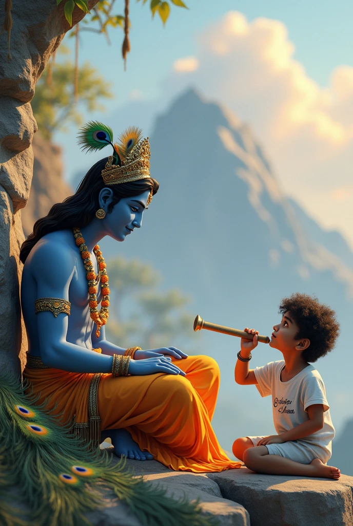 create a 3d image of 20 year old Indian devotional boy who is sitting next to krishna ji and Krishna ji playing the flute, they both sit together on the mountain,boy wearing T-shirt Name "Samar" written on it, heaven like beautiful view background, peacock dancing,realistic image and boy is in barefoot.