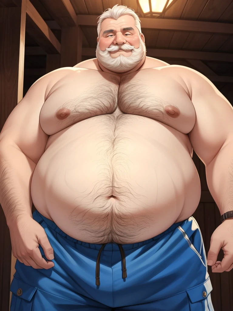 fat daddy, hot daddy, a smiling obese old man, chubby, big fat, detailed realistic portrait, 8k high resolution, topless, sumo physique, perfect center, full view, realistic skin texture, wrinkled face, short hair, thick mustache, white hair, bearded, jovial expression, huge belly, fat, wearing cargo shorts, high detail, masterpiece, (best quality,4k,8k,highres,masterpiece:1.2),ultra-detailed