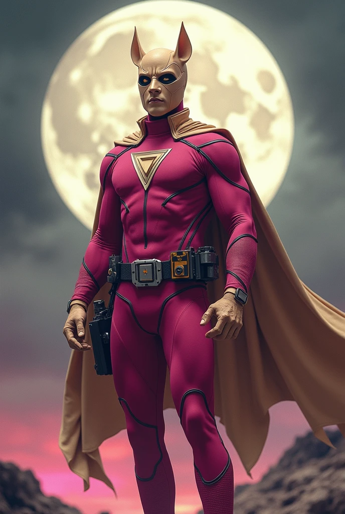 Malaysia man in high-tech suit, vivid effects, malaysian superhero (KELUANG MAN) in a striking pink and beige costume cyberpunk design, mask small mini bat ear beige, daredevil beige mask, jumpsuit dark pink stands confidently in a dramatic.jumping from high place.hero costume.one hand rise up. Big triangle logo on the chest.high detail Punisher logo on the chest. Fighting pose , stormy landscape. ((Head covered node guard like batman. Running pose , athletic body type, small mini ear bat mask))The character wears domino mask a helmet with pointed mini torn ears and a flowing cape biege, open nose and mouth. Equipped with visible futuristic weapons on a belt,bullet proof jacket pink dark day.show fingers pose, dark night, big supermoon effect . Small logo o