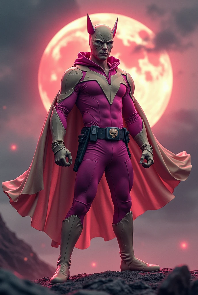  
Malaysia man in high-tech suit, vivid effects, malaysian superhero (KELUANG MAN) in a striking pink and beige costume cyberpunk design, mask small mini bat ear beige, daredevil beige mask, jumpsuit dark pink stands confidently in a dramatic.jumping from high place.hero costume.one hand rise up. Big triangle logo on the chest.high detail Punisher logo on the chest. Fighting pose , stormy landscape. ((Head covered node guard like batman. Running pose , athletic body type, small mini ear bat mask))The character wears domino mask a helmet with pointed mini torn ears and a flowing cape biege, open nose and mouth. Equipped with visible futuristic weapons on a belt,bullet proof jacket pink dark day.show fingers pose, dark night, big supermoon effect . Small logo o