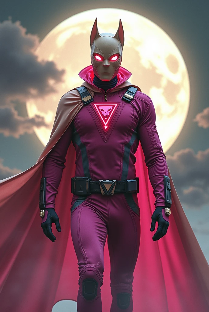  
Malaysia man in high-tech suit, vivid effects, malaysian superhero (KELUANG MAN) in a striking pink and beige costume cyberpunk design, mask small mini bat ear beige, daredevil beige mask, jumpsuit dark pink stands confidently in a dramatic.jumping from high place.hero costume.one hand rise up. Big triangle logo on the chest.high detail Punisher logo on the chest. Fighting pose , stormy landscape. ((Head covered node guard like batman. Running pose , athletic body type, small mini ear bat mask))The character wears domino mask a helmet with pointed mini torn ears and a flowing cape biege, open nose and mouth. Equipped with visible futuristic weapons on a belt,bullet proof jacket pink dark day.show fingers pose, dark night, big supermoon effect . Small logo o