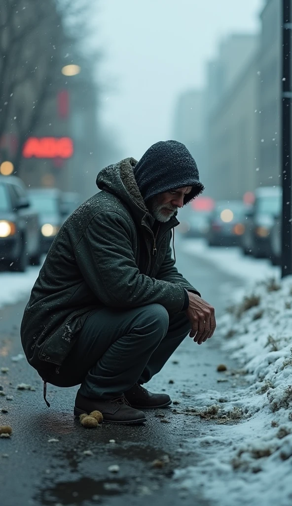 A cold afternoon, He saw a homeless man shivering from the cold on the street.