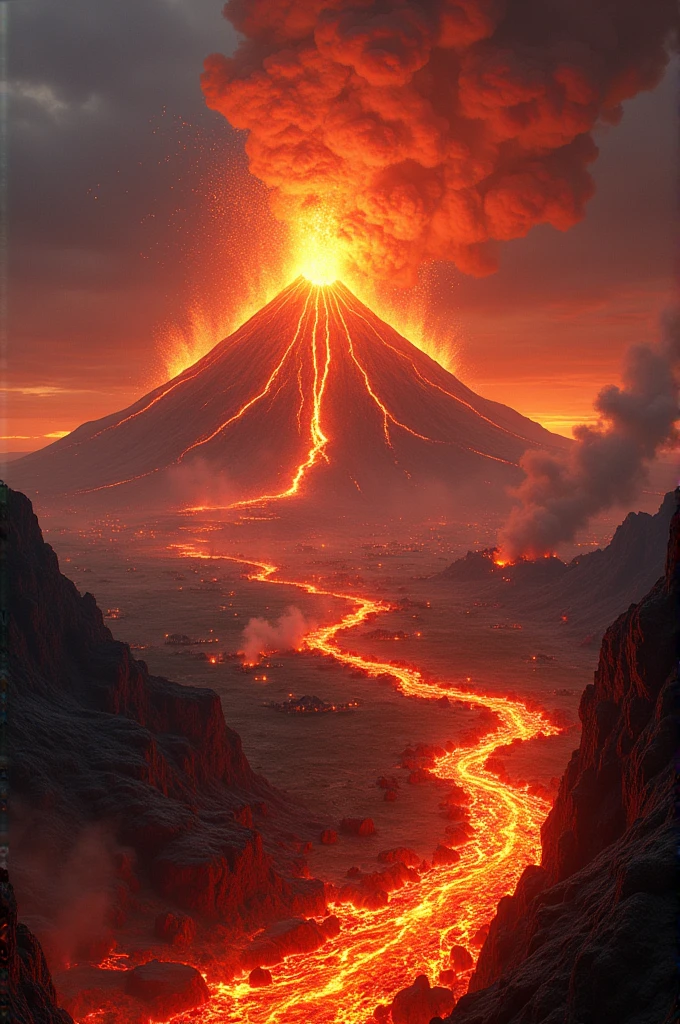 The volcano erupts violently, spewing lava and ash. Streams of molten rock flow towards the settlement, with explosive bursts and fiery plumes of smoke filling the air