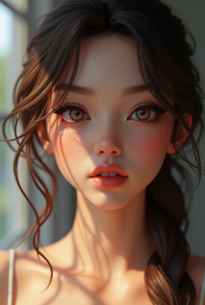 (best qualityer,4K,8k,high resolution,work of art:1.2),ultra detali,(realisitic,photorealisitic,photo-realisitic:1.37),Daz3D Girl,lora:TeeTee1,beautiful detailed eyes,beautiful detailed lips,extremely detailed eye and face,long eyelashes,Physically based rendering,portraits,bright coloured,studio lighting,
