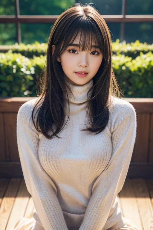 bangs,(Large Breasts:1.2),(Highest quality,masterpiece:1.2),one person,one person,one personで,Fair skin,8k,Ultra-high resolution,Very detailed,Highest quality,Look at the viewers、Perfect lighting,flat light,super high quality,Ultra-high resolution,masterpiece,Realistic,Detailed face,Perfect Anatomy,Slender body、Young Face、smile、sweating、Blushing、Please show me your whole body、((wearing a turtleneck sweater))、Beautiful legs、Baby Face、Round face、light makeup、Sweaty、Narrow waist、((sensual pose)),((whole body))