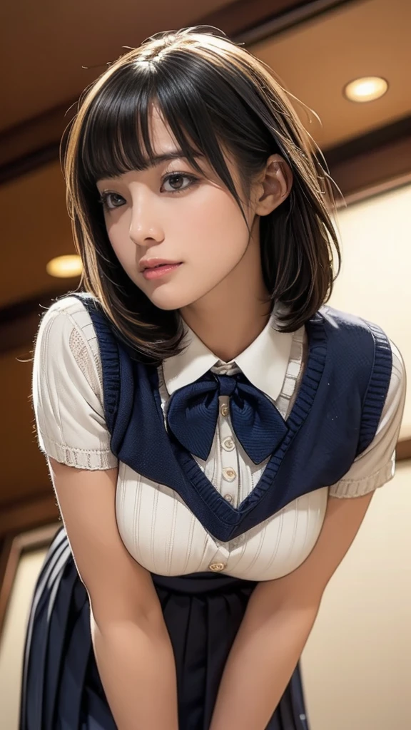 (masterpiece:1.2, Highest quality), (Realistic, photoRealistic:1.4), (Large Breasts:1.5, Saggy breasts:1.3), Beautiful illustrations, (Natural Side Lighting, Cinema Lighting), Written boundary depth, Looking at the audience, (Face Focus, Upper Body), Front view, 1 person, Japanese, Junior high school girl, , Perfect Face, Symmetrical cute face, Glowing Skin, (Bob Hair:1.7,Black Hair), Asymmetrical bangs, Big eyes, Droopy eyes, long eyelashes chest), thin, Beautiful Hair, Beautiful Face, Beautiful and beautiful eyes, Beautiful clavicle, Beautiful body, Beautiful breasts, Beautiful thighs, Beautiful feet, Beautiful fingers, ((Quality fabric texture, Brown knitted vest, Short sleeve white collar shirt, Navy Pleated Skirt, Navy bow tie)), (Beautiful views), evening, (Inside the flower shop), Are standing, (smile, Excellent, Open your mouth), (From below:1.5),(Poor horizon:1.5), (From below)