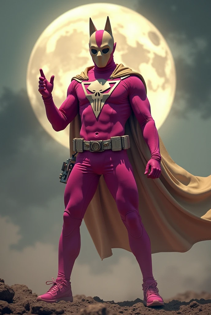 Malaysia man in high-tech suit, vivid effects, malaysian superhero (KELUANG MAN) in a striking pink and beige costume cyberpunk design, mask small mini bat ear beige, daredevil beige mask, jumpsuit dark pink stands confidently in a dramatic.jumping from high place.hero costume.one hand rise up. Big triangle logo on the chest.high detail Punisher logo on the chest. Fighting pose , stormy landscape. ((Head covered node guard like batman. Running pose , athletic body type, small mini ear bat mask))The character wears domino mask a helmet with pointed mini torn ears and a flowing cape biege, open nose and mouth. Equipped with visible futuristic weapons on a belt,bullet proof jacket pink dark day.show fingers pose, dark night, big supermoon effect . Small logo o