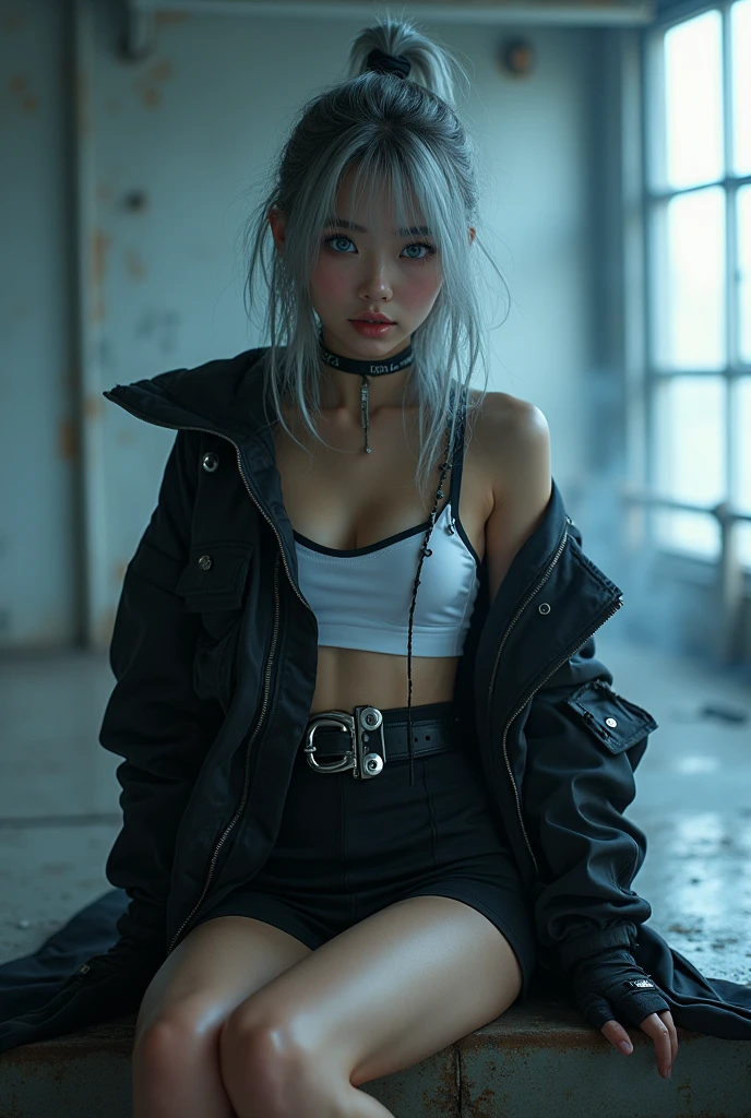 (nsfw:1.2), masterpiece, Best Quality, Realistic, A mysterious and sophisticated beautiful young girl, identity hidden, all body shot, with blue eyes wears futuristic and sexy fashion art. 18-years-old, cute and sexy Japanese girl is climbing at a wide angle, sitting and sexy posing, with her full body in frame. She has an ultra-slim waist, medium firm breasts, a medium-sized buttocks, and beautiful sexy legs, showcasing sculptural beauty. gray arranged hair, light color eyes, Realistic skin, Detailed face, , small head. dressed in a striking white and black military print bodysuit paired with a sleek black leather belt with a futuristic metallic buckle and low-rise black skirt with zipper accents. She wears a sheer black mesh bomber jacket adorned with white and black military patches, chunky black high-cut Sneakers with silver hardware. Her look is fierce and bold, complemented by black fingerless gloves with white LED lights and high-tech accessories. adding an edgy attitude. Her outfit is completed, merging functionality with style. exuding a hint of rebellion, embodying the essence of future street-chic fashion. The wear hugs her body tightly, accentuating her curves and digging sensuously into her skin, hyper small head and face, wide Duck mouth, half open mouth, perfectly aligned teeth, perfect beautiful wide teeth, light blue eyes, half open eyes, shiny Droopy eyes, gray hair, looking other, She is situated within the interior of a futuristic colony, in the deep night, with mist drifting and steam rising from concrete