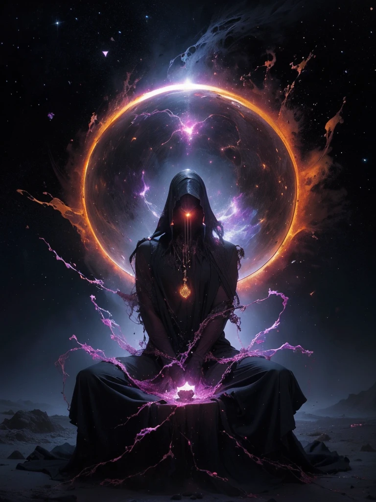 Create a highly detailed and atmospheric digital painting of a cosmic dark entity meditating in a lotus position on the surface of a barren planet. The entity has a shadowy, featureless face and a muscular humanoid body covered in dark organic tendrils that appear to flow and twist around it.. A bright red crystal is embedded in his chest, pulsating with dark energy. Above the head of the entity, A spinning purple and black cosmic vortex with a glowing mystical orb at its center radiates power, Shedding an ethereal light. The background features a vast star-filled galaxy with purple nebulas and distant cosmic phenomena., creating a sense of infinite space and power. The lighting is dark and sinister, and the main sources of light are the glowing red crystal and the mystical orb. The overall color palette is dominated by deep purples., black and touches of red, evoking a sense of cosmic mystery and power.
