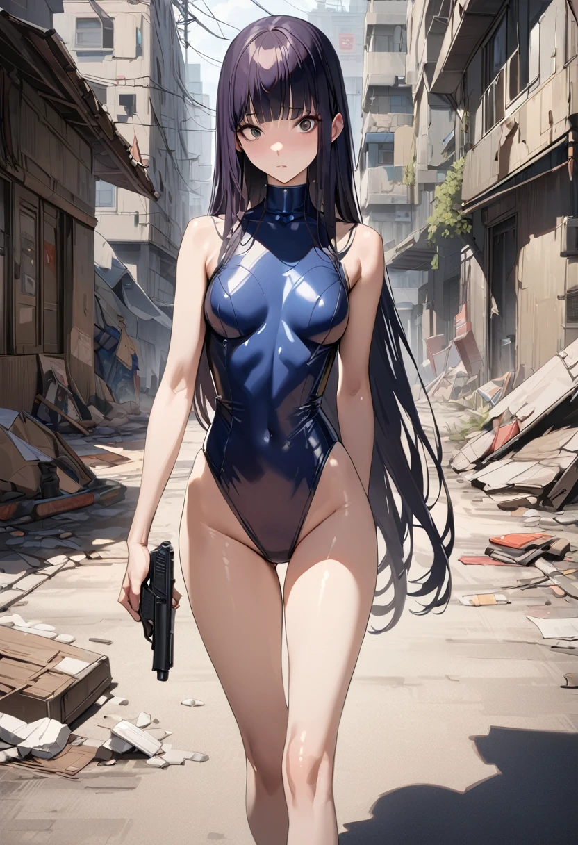 Action Scenes、((masterpiece,best quality anime,Highest quality:1.3)),realistic,cowboy shot,1woman,独奏,(30 year old beauty),((very small head:1.4)),((very long body:1.4)),(dark blue hair),straight long hair,(gorgeous big eyes),black eyes,Serious expression,((slender body:1.4,skinny)),medium breasts,dark blue turtleneck sleeveless,leotard,gun belt,oily skin:1.2,gleaming skin,shiny skin, (holding handgun)、standing,on road,Ruined city、Collapsed Buildings、Cyberpunk World、