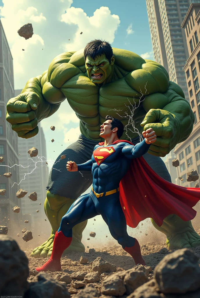 Supermen and hulk fight with each other and hulk hit the super man a lighting puch and super man hurt very badley