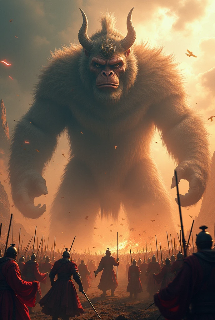 a colossal battle between an army and the Monkey King, highly detailed, epic scale, dramatic lighting, cinematic composition, fantasy landscape, intense action, powerful magic, heroic soldiers, monstrous monkey king, intricate details, photorealistic, 8k, masterpiece