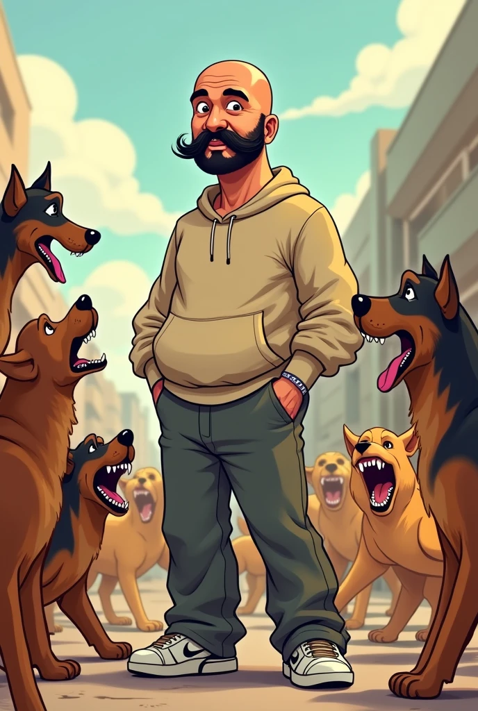 Victor Eugenio Mardones Castro 3 bald with mustache and black beard sweatshirt and wide pants with dogs barking at him and he is not afraid cartoon 