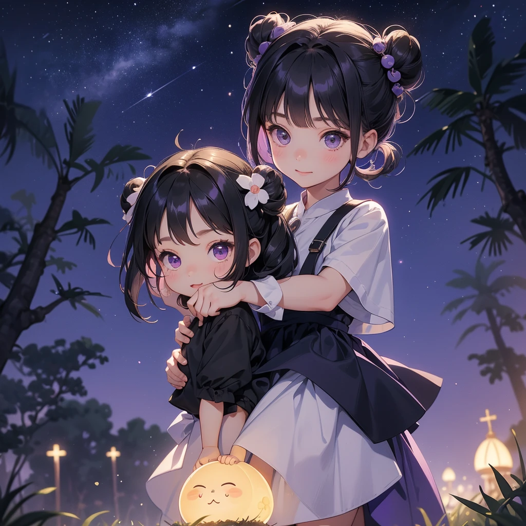 A chibi child girl had a small face and wearing a little tourist priest’s outfit, a pair of big round eyes shone with curiosity about him. This child was so cute, her hair is black with buns on her hair. Small chibi , chibi baby, smiling , chibi.
Background is a dark moonless night, with dry trees in the background, and purple glowing light