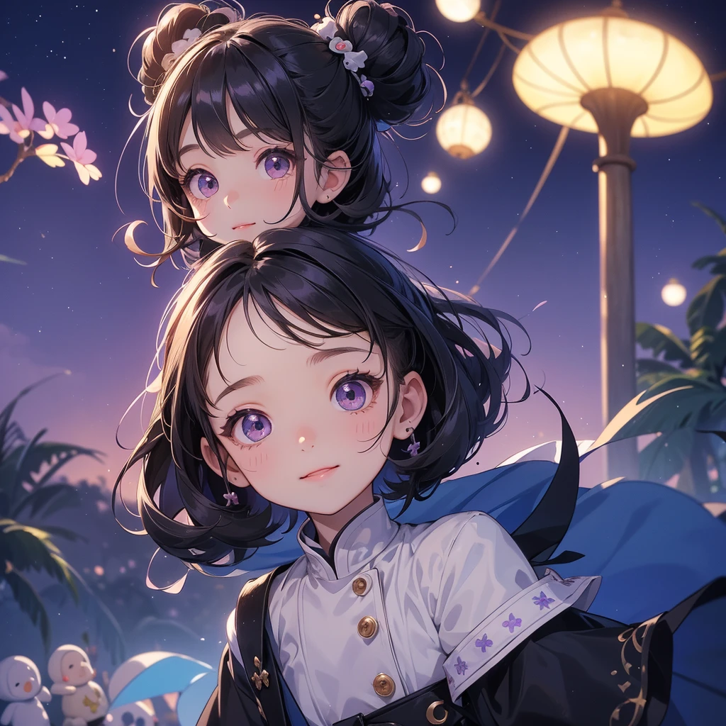 A chibi child girl had a small face and wearing a little tourist priest’s outfit, a pair of big round eyes shone with curiosity about him. This child was so cute, her hair is black with buns on her hair. Small chibi , chibi baby, smiling , chibi.
Background is a dark moonless night, with dry trees in the background, and purple glowing light