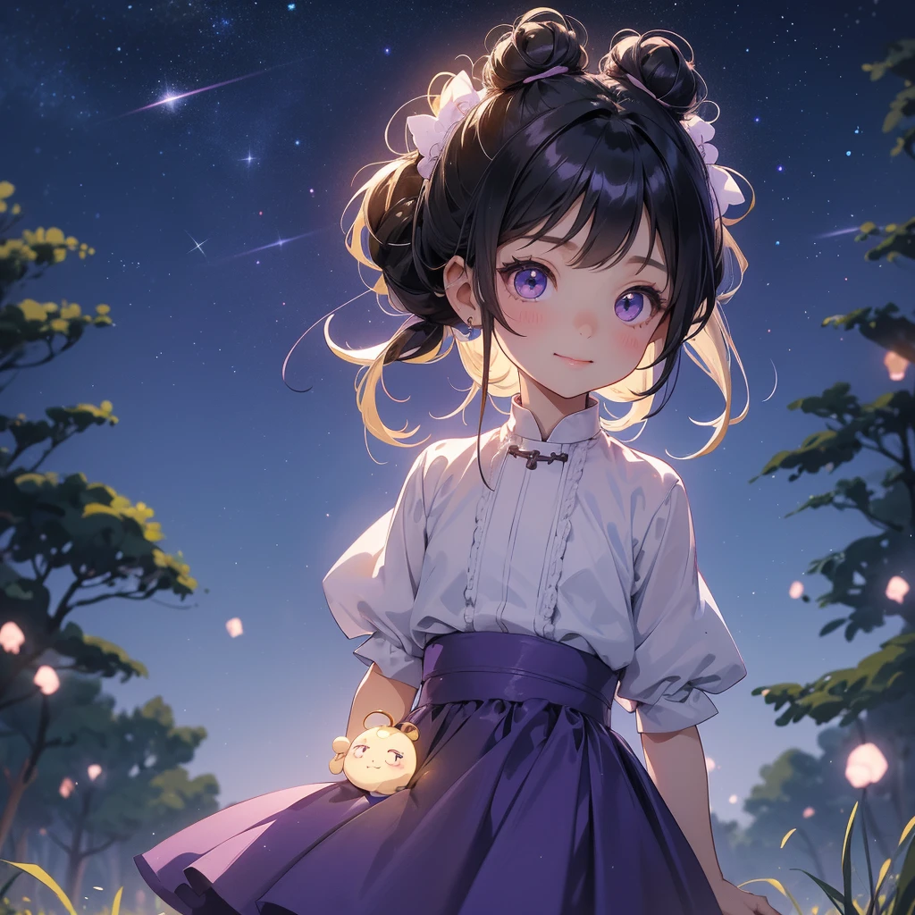 A chibi child girl had a small face and wearing a little tourist priest’s outfit, a pair of big round eyes shone with curiosity about him. This child was so cute, her hair is black with buns on her hair. Small chibi , chibi baby, smiling , chibi.
Background is a dark moonless night, with dry trees in the background, and purple glowing light