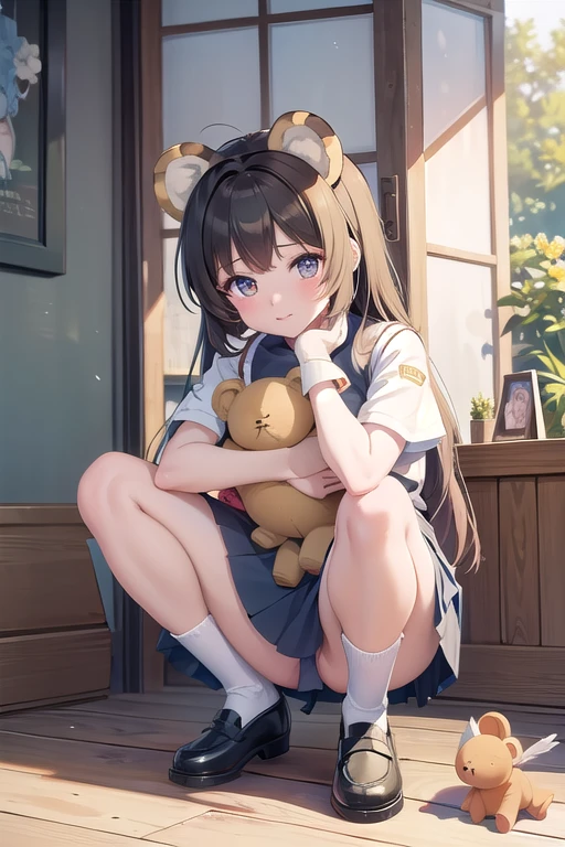 anime girl with a teddy bear in her hand and a bird in the background, top rated on pixiv, ecchi anime style, ecchi, the anime girl is crouching, , at pixiv, popular on pixiv, beautiful anime girl squatting, pixiv 3dcg, pixiv, beautiful alluring anime , seductive anime girl