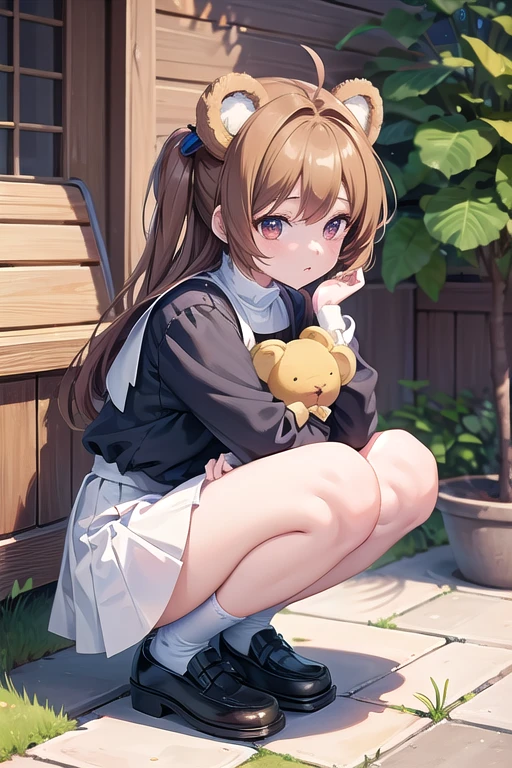 anime girl with a teddy bear in her hand and a bird in the background, top rated on pixiv, ecchi anime style, ecchi, the anime girl is crouching, , at pixiv, popular on pixiv, beautiful anime girl squatting, pixiv 3dcg, pixiv, beautiful alluring anime teen, seductive anime girl