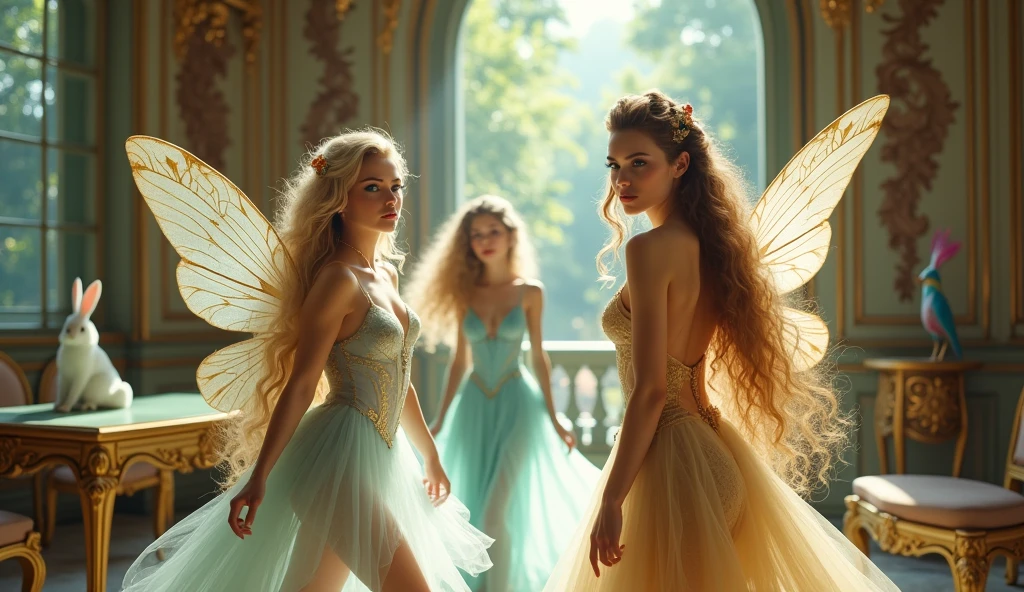 "A full-body shot of a realistic fairytale scene in a magical palace in a beautiful magical forrest, bathed in sunlighting."Beautiful pastel colour pallette." "A fairy queen1 with realistic striking big blue eyes with eye makeup and a serious, direct gaze at the camera with golden extra long hair and perfect shaped pearly white teeth and pursed lips." " A Fairy queen2 with golden-brown long curly hair in a thin light blue dress is dancing with arms up in the air." "Twirling and dancing fairy princess with a long white hair in a sheer golden wet transparent dress outfit, big breasts, thin waist, big butt, looks provocative with her mouth almost sedusive at fairy queen2 laughing." "The lighting is natural and bright, highlighting their features and casting a soft glow around their hair, creating a high-contrast effect that emphasizes the subject's presence. " "A white rapid sits in on a decorative dining table" "while a rainbow colored bird perches on the top of the thin royal thrown". The realistic scene includes a strikingly beautiful fairy queens and a princesse in a beautiful and magical forrest palace. "The vast environment paints a magical but weird admosphere". # Configuration settings clip_guidance_scale = 20 # High adherence to the detailed prompt, emphasizing facial features hr_scale = 2.0 # High resolution to capture intricate details in the hair and face. hr scale =2.0 # Perfect human female body. Best hands 1:1, super realistic hair 1:1, hyper realistic eyes 1:1, extra detailed delicate moist skin, most detaled and realistic face 1:1. #A realistic stage with thorough details and clear focus on the queens.