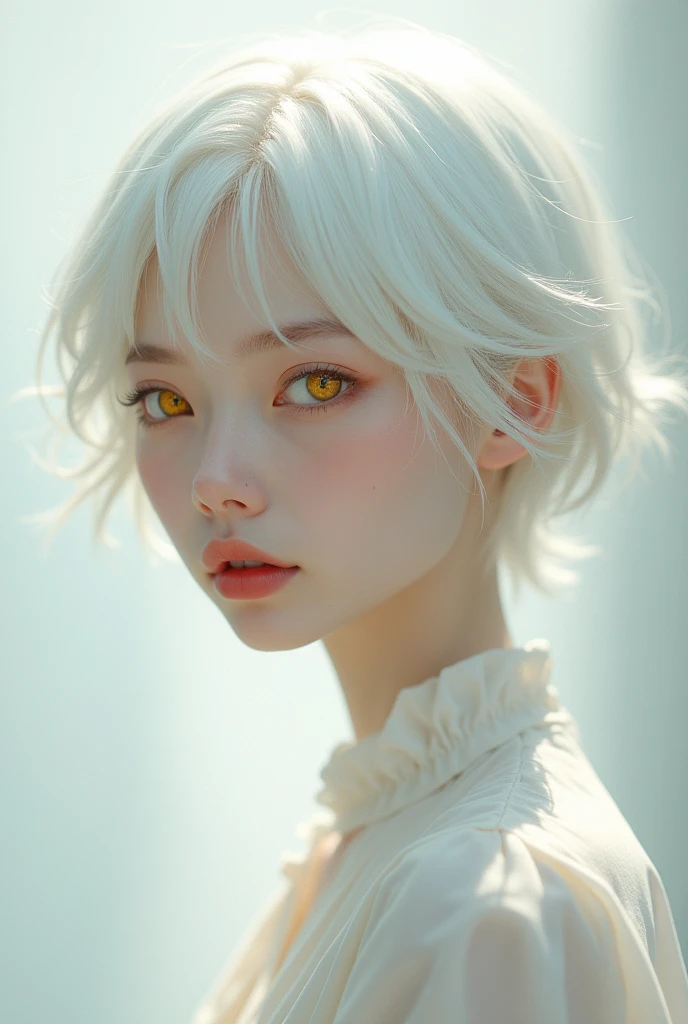 off , short white hair,with a fringe in the front, slightly yellow eyes, white blouse in light fabrics