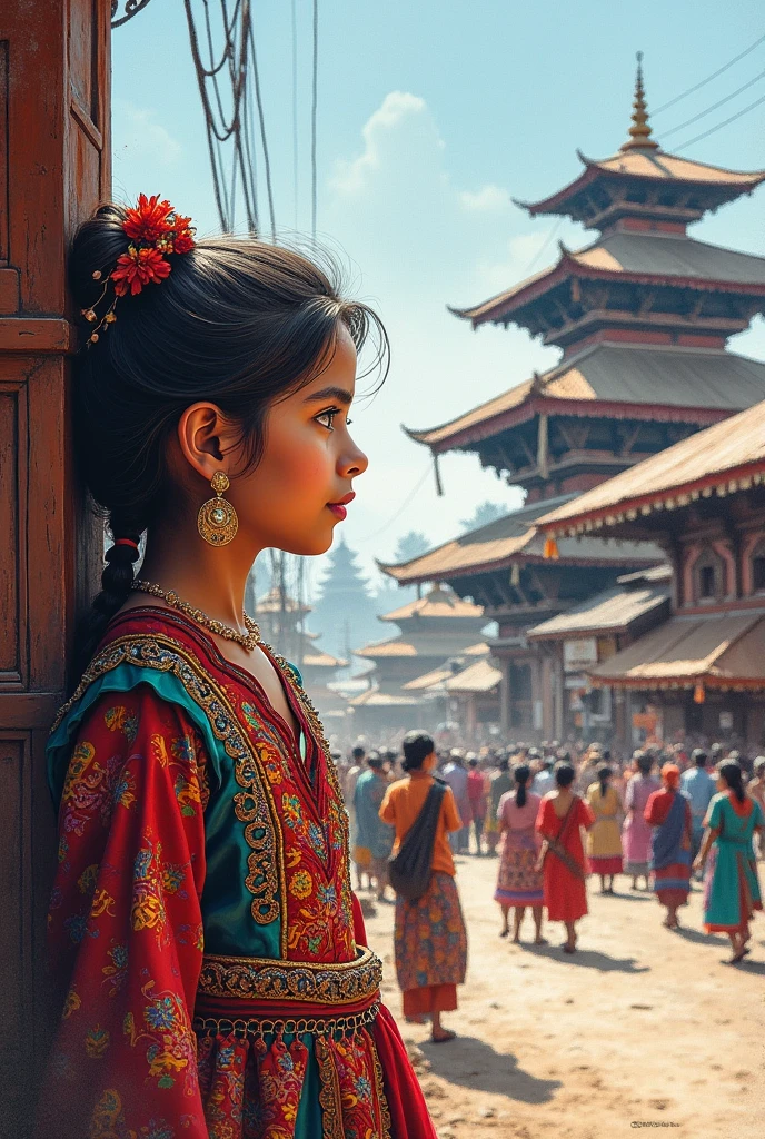 A drawing of  a  girl watching indra jatra  from far away in newari dress
