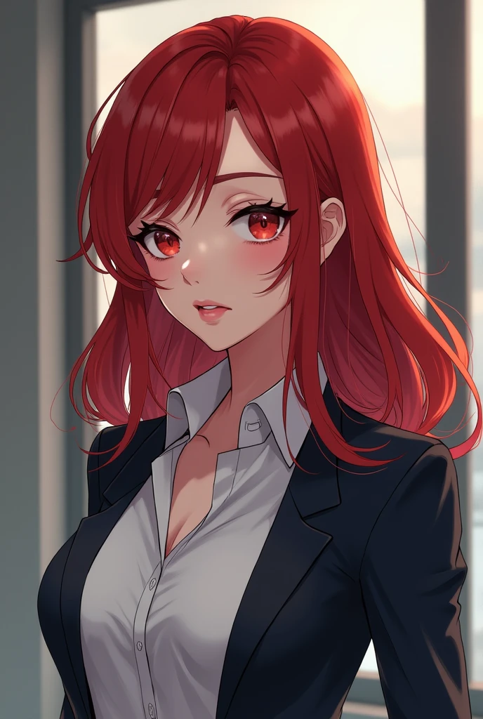 Anime girl 3,she's pretty girl, she's works in gouvernment,she have mid-length bright red hair,she's libertine ,She asserts herself very well and can be enigmatic,she have ,she has a slim his humor is often sarcastic,give me the image of an assertive girl,she's ENTJ-A